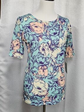 LuLaRoe Gigi T Shirt Floral Short Sleeve Crewneck Top in Aqua and Peach Medium